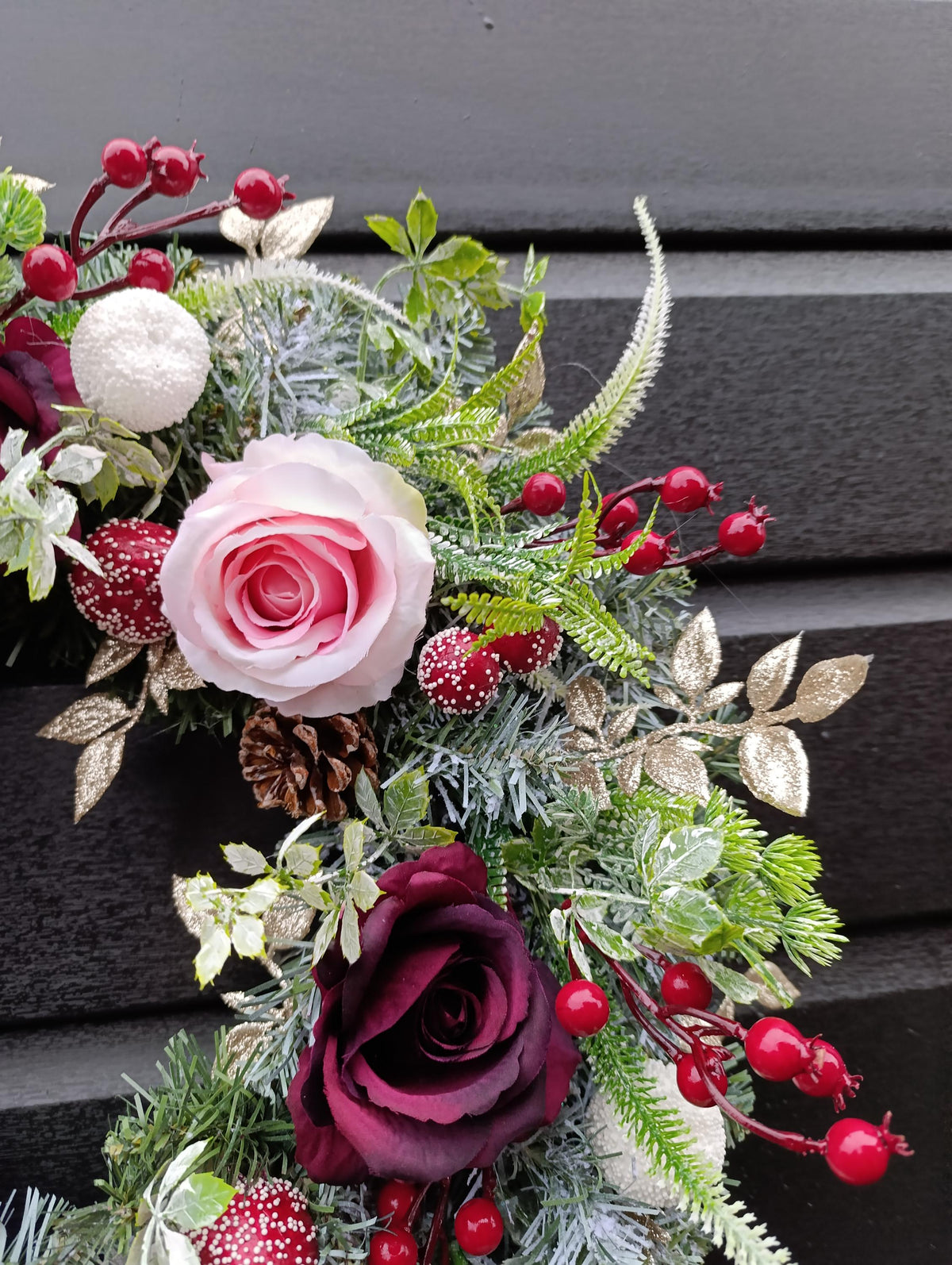 Handmade Frosted Winter Wreath 50cm – Burgundy and Gold Door Wreath | Luxury Christmas and Autumn Decoration