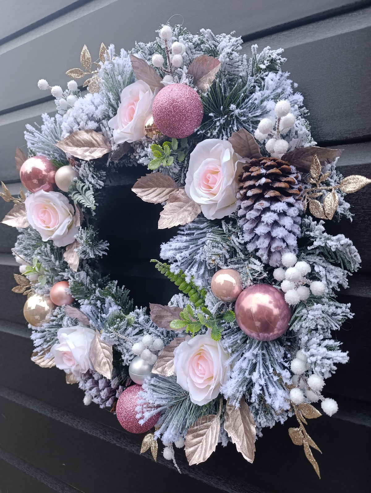 Pink, Flocked, Floral Christmas Wreath (50cm or 60cm) in choice of Baby Pink or Dusty Pink