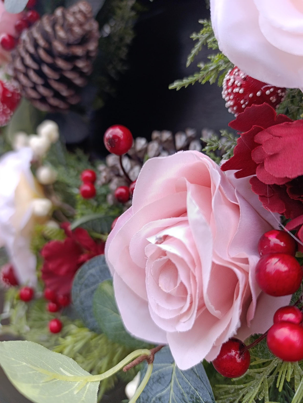 Pink & Burgundy Rose Wreath - Winter wreath with realistic textured greenery