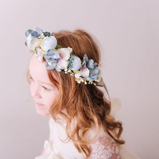 Dusty Blue and Teal Child's Flowercrown - Vintage Whimsical Style Headband
