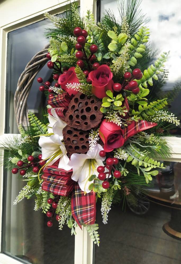 Christmas Door Wreath, traditional style with flowers