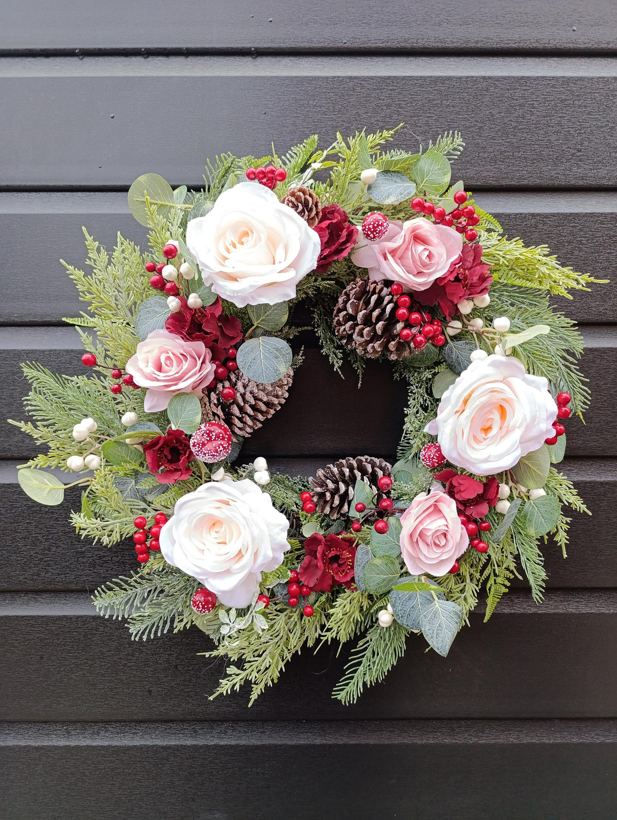 Pink & Burgundy Rose Wreath - Winter wreath with realistic textured greenery