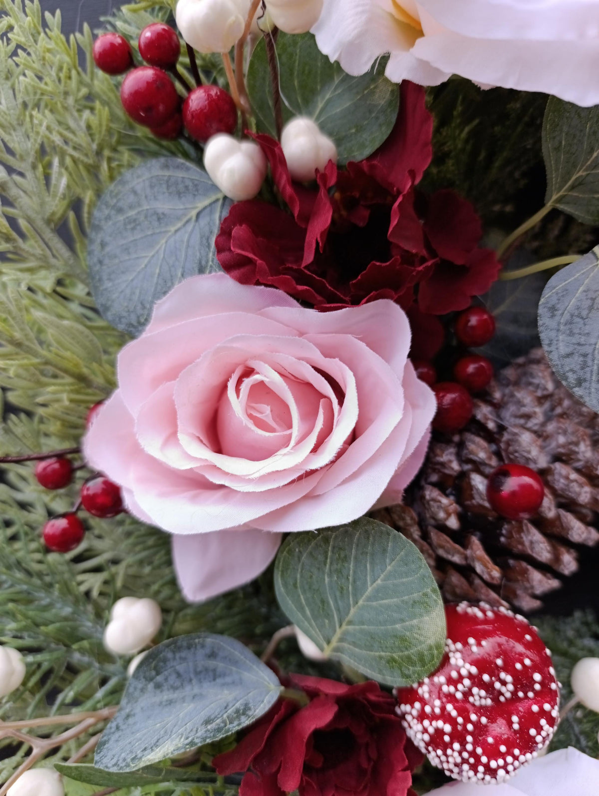 Pink & Burgundy Rose Wreath - Winter wreath with realistic textured greenery