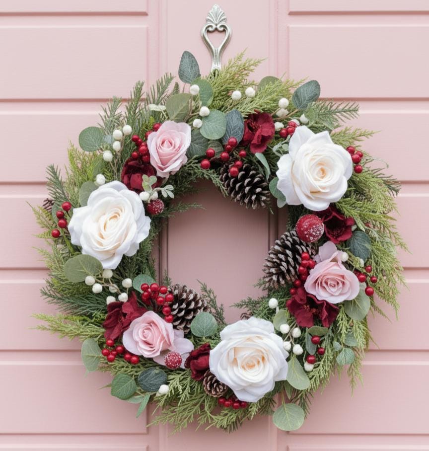 Pink & Burgundy Rose Wreath - Winter wreath with realistic textured greenery