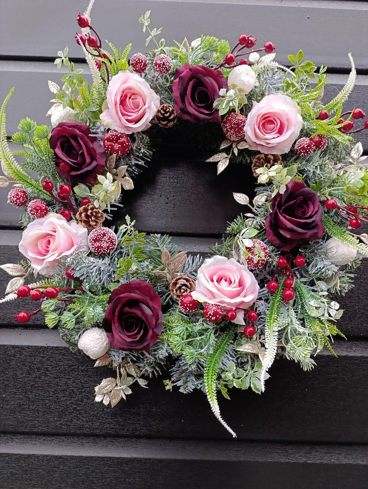 Handmade Frosted Winter Wreath 50cm – Burgundy and Gold Door Wreath | Luxury Christmas and Autumn Decoration