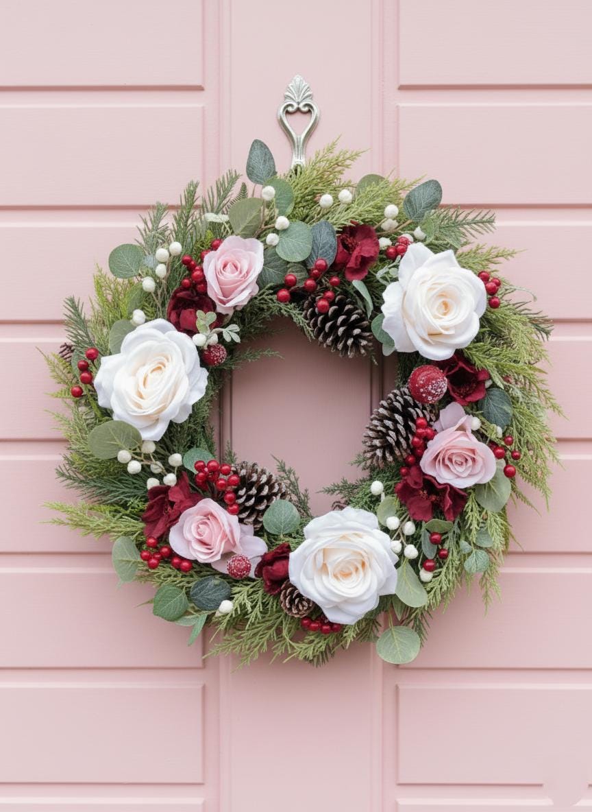 Pink & Burgundy Rose Wreath - Winter wreath with realistic textured greenery
