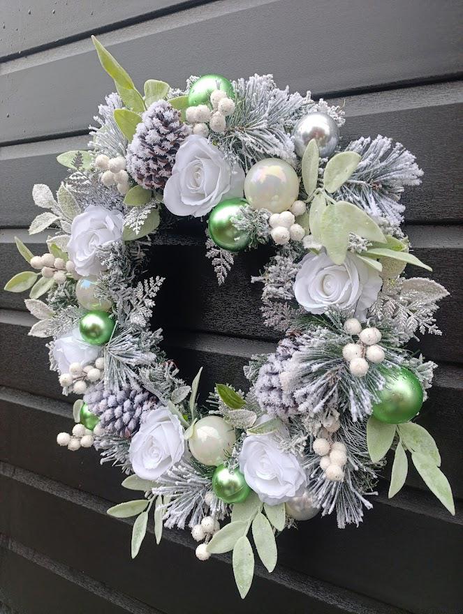 Luxury Flocked Christmas Wreath – Silver, White and Green Winter  Wreath with Roses, Pine Cones and Baubles – Elegant Handmade UK Décor