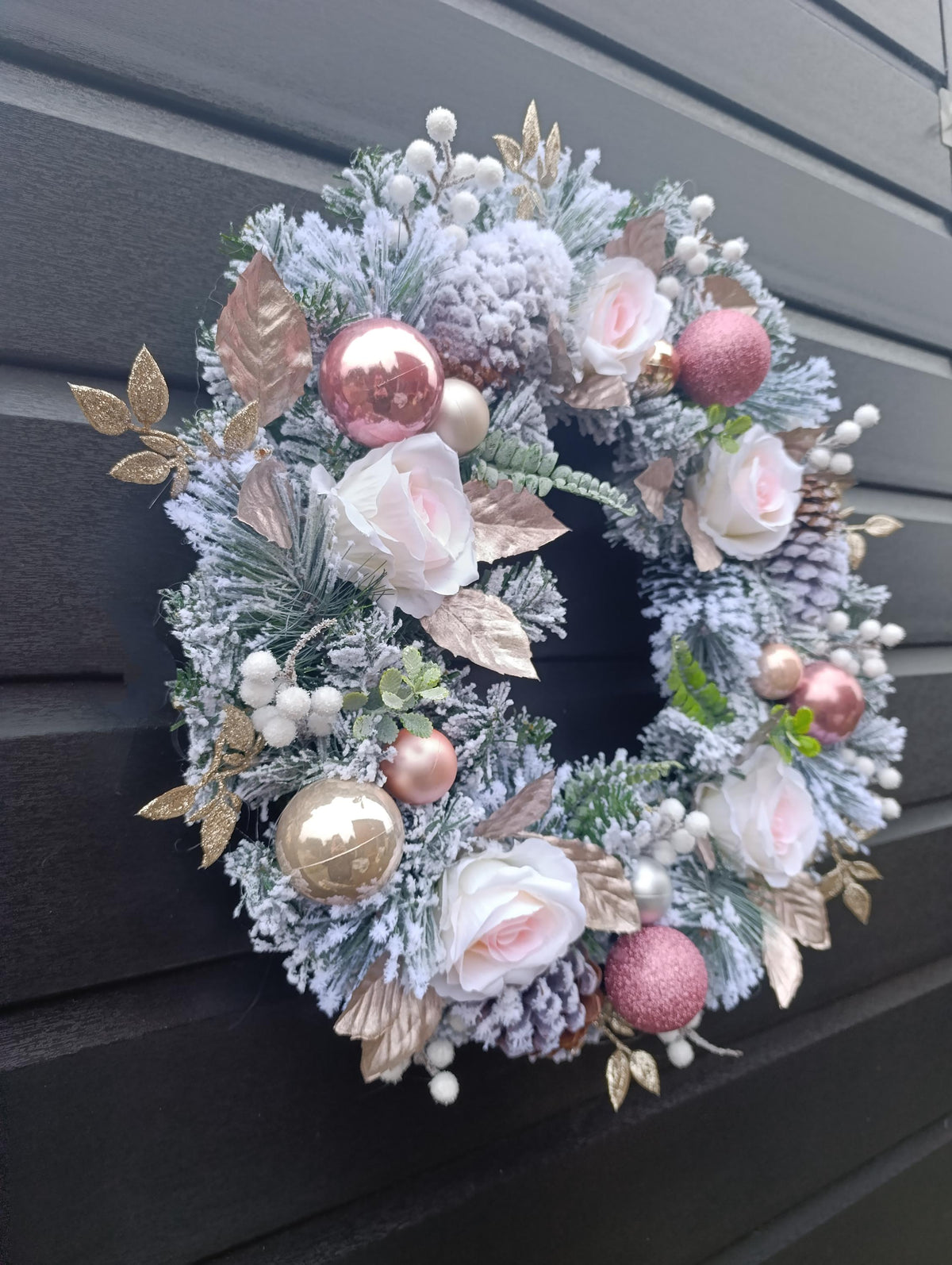 Pink, Flocked, Floral Christmas Wreath (50cm or 60cm) in choice of Baby Pink or Dusty Pink