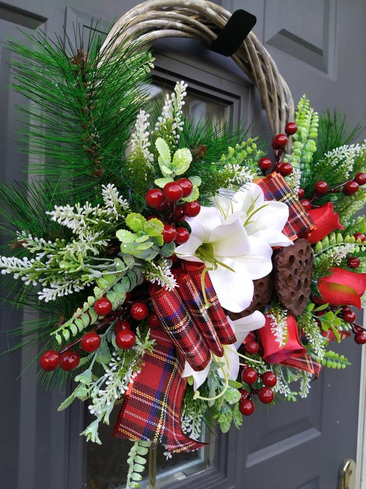 Christmas Door Wreath, traditional style with flowers