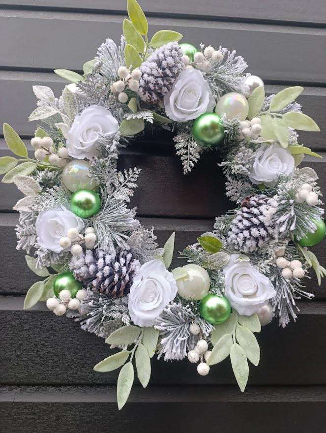 Luxury Flocked Christmas Wreath – Silver, White and Green Winter  Wreath with Roses, Pine Cones and Baubles – Elegant Handmade UK Décor