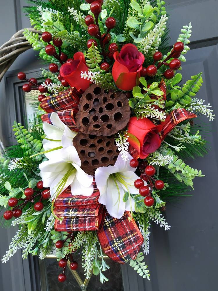 Christmas Door Wreath, traditional style with flowers