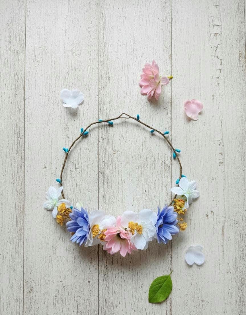Pink, Blue and White, Wildflower Crown, Daisy Hair Wreath, Boho Flower Girl Accessory, Handcrafted Floral Headband for Weddings and Parties
