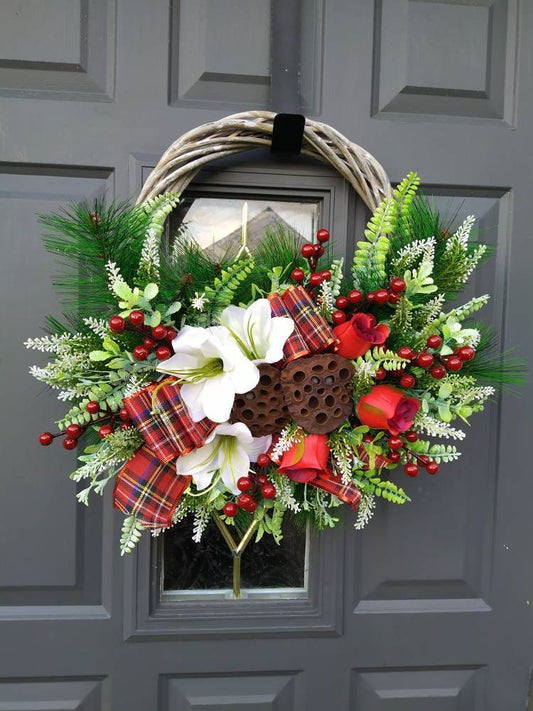 Christmas Door Wreath, traditional style with flowers