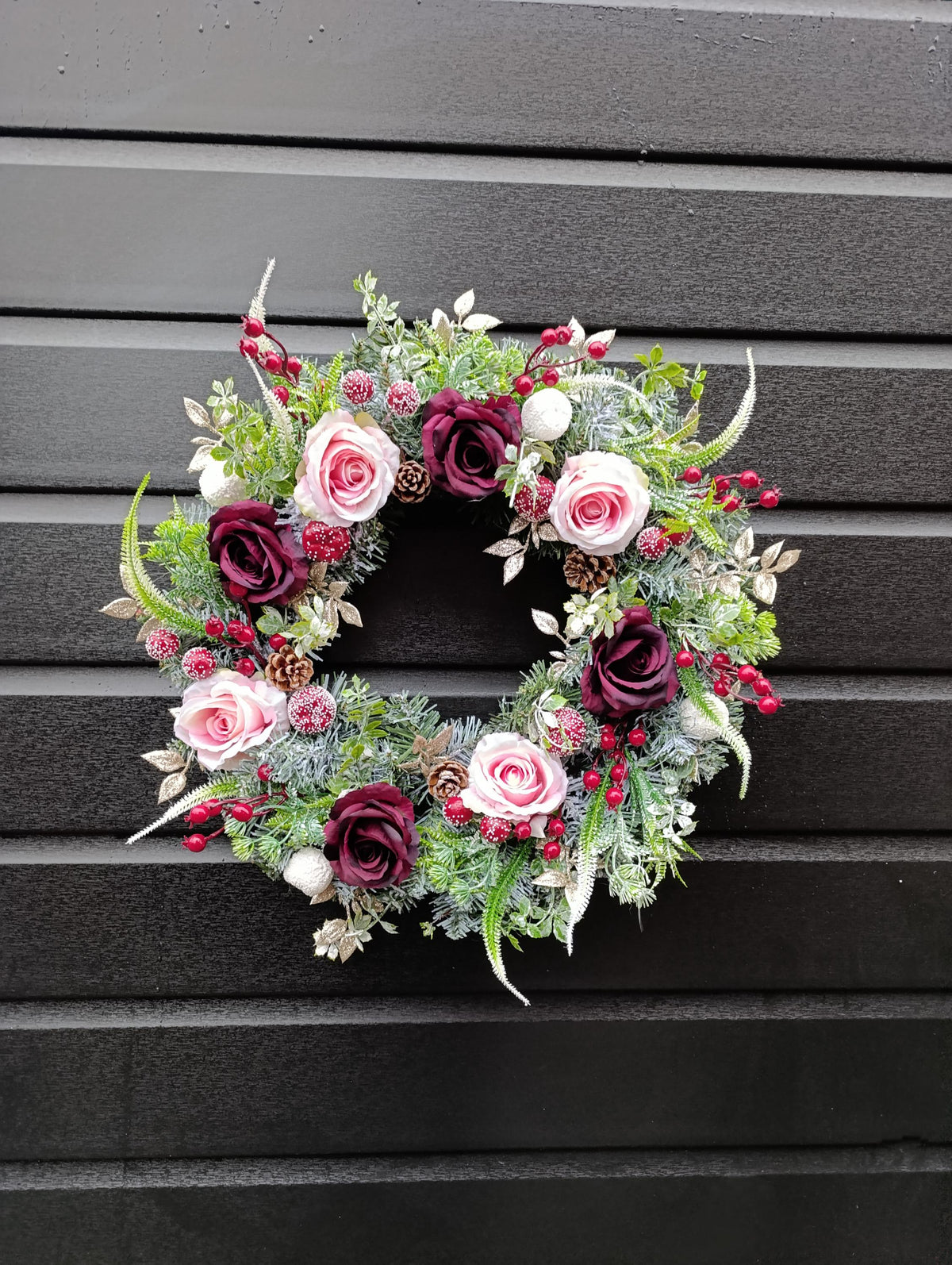 Handmade Frosted Winter Wreath 50cm – Burgundy and Gold Door Wreath | Luxury Christmas and Autumn Decoration