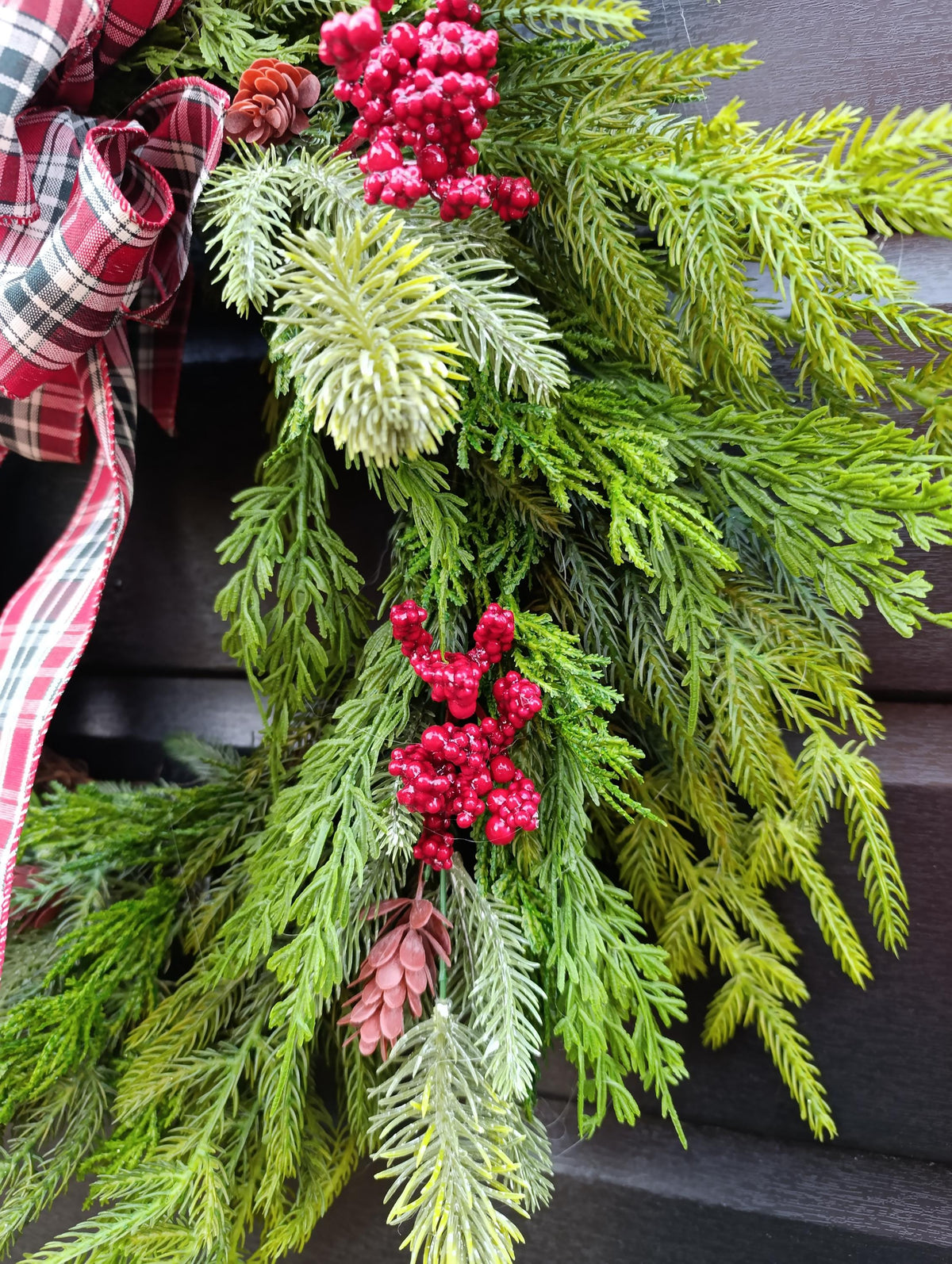 Norfolk Pine and Cedar Realistic Greenery Wreath with Red Berries and Feature Plaid Tartan Bow