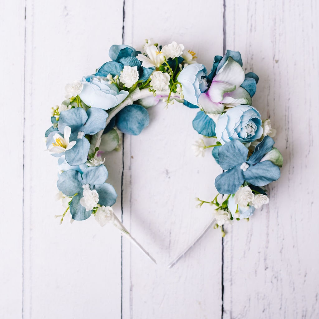 Child's Dusty Blue and Teal Flower Headband - Whimsical Vintage Style Floral Crown