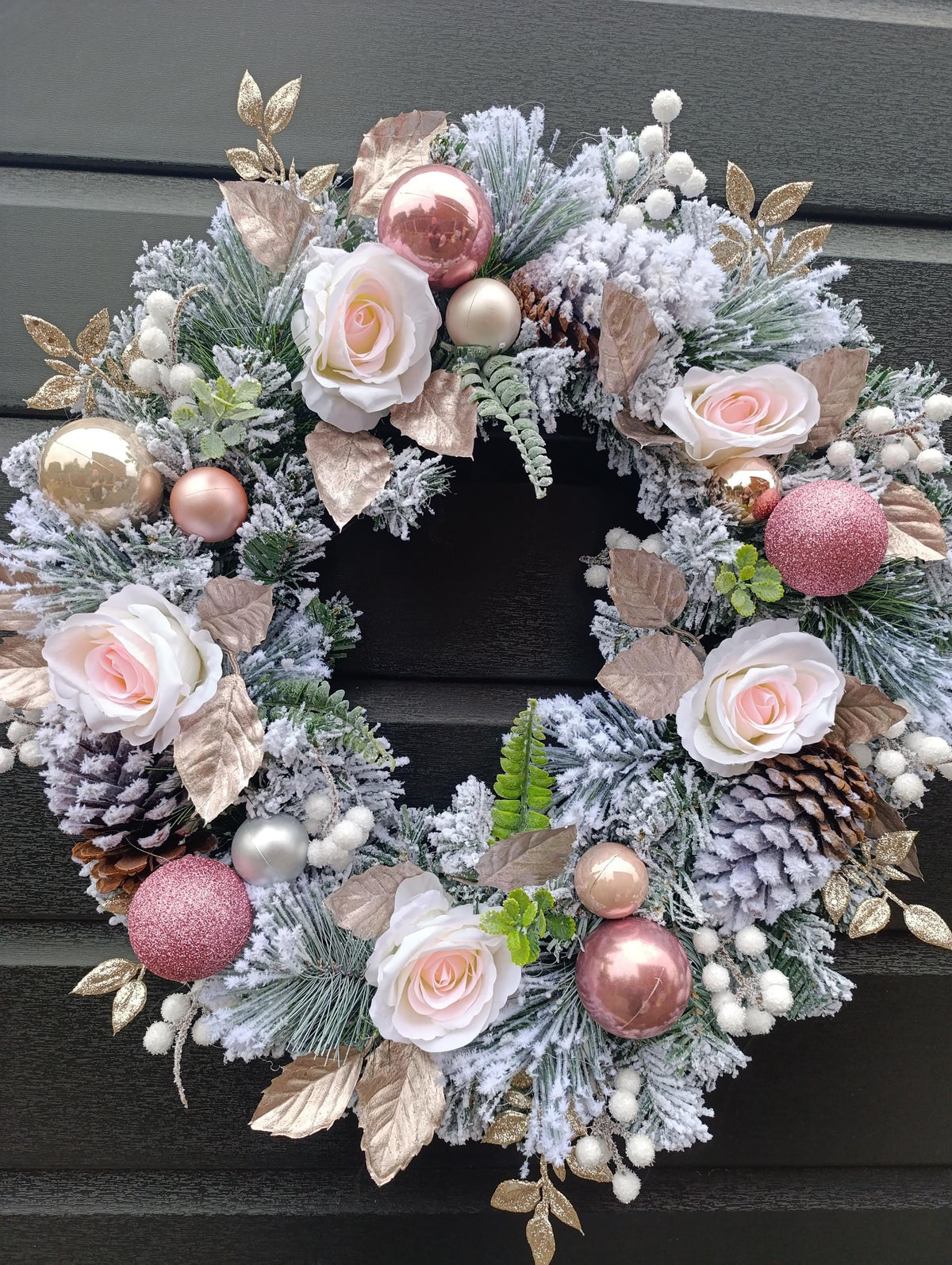 Pink, Flocked, Floral Christmas Wreath (50cm or 60cm) in choice of Baby Pink or Dusty Pink