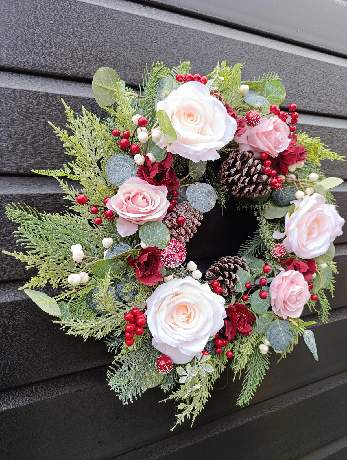 Pink & Burgundy Rose Wreath - Winter wreath with realistic textured greenery
