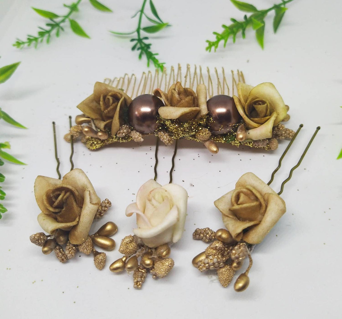 Bridal hair set, Gold coloured floral hair comb and clips