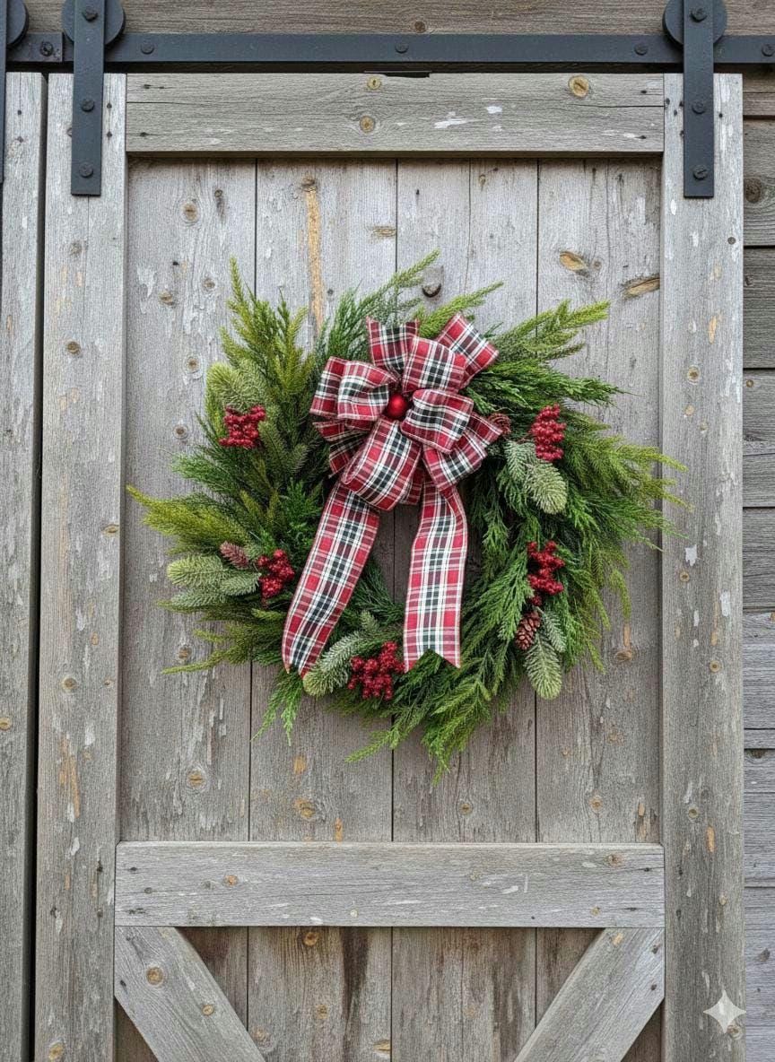 Norfolk Pine and Cedar Realistic Greenery Wreath with Red Berries and Feature Plaid Tartan Bow