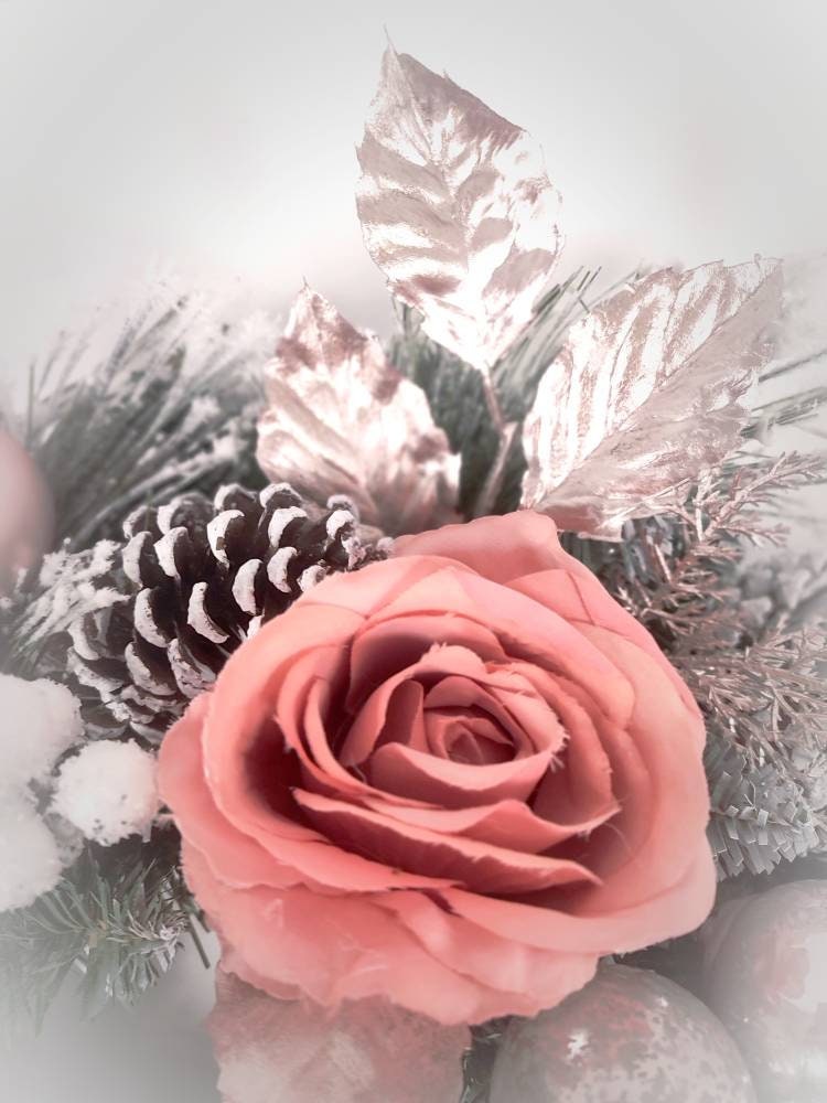Christmas Rose Gold and Pink Flocked Floral Door Wreath