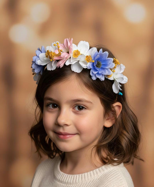 Pink, Blue and White, Wildflower Crown, Daisy Hair Wreath, Boho Flower Girl Accessory, Handcrafted Floral Headband for Weddings and Parties