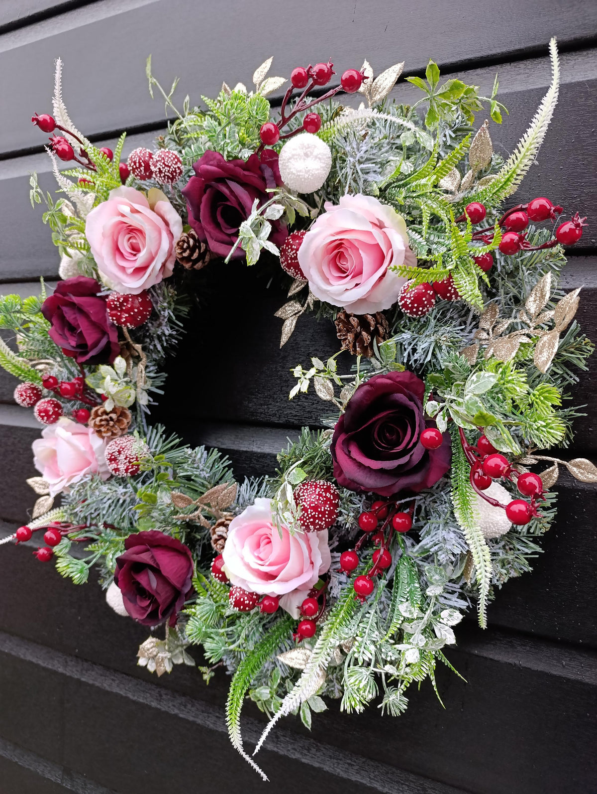 Handmade Frosted Winter Wreath 50cm – Burgundy and Gold Door Wreath | Luxury Christmas and Autumn Decoration