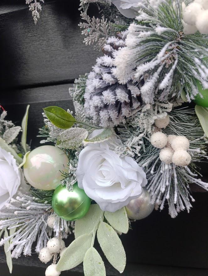 Luxury Flocked Christmas Wreath – Silver, White and Green Winter  Wreath with Roses, Pine Cones and Baubles – Elegant Handmade UK Décor