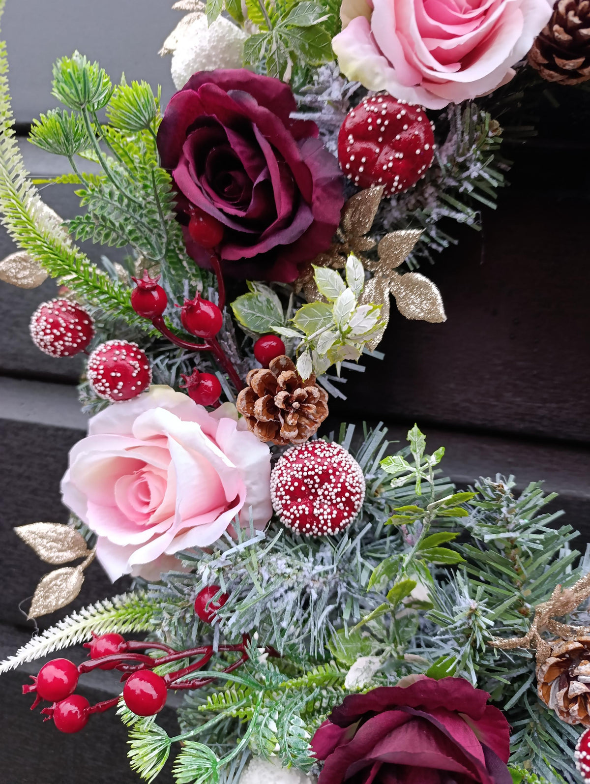 Handmade Frosted Winter Wreath 50cm – Burgundy and Gold Door Wreath | Luxury Christmas and Autumn Decoration