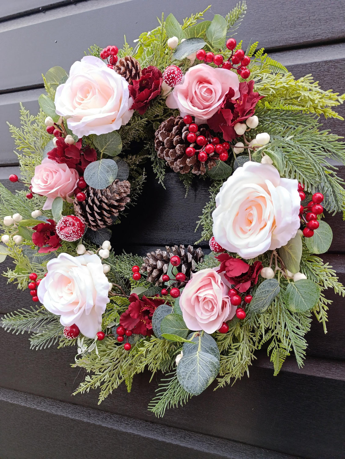 Pink & Burgundy Rose Wreath - Winter wreath with realistic textured greenery