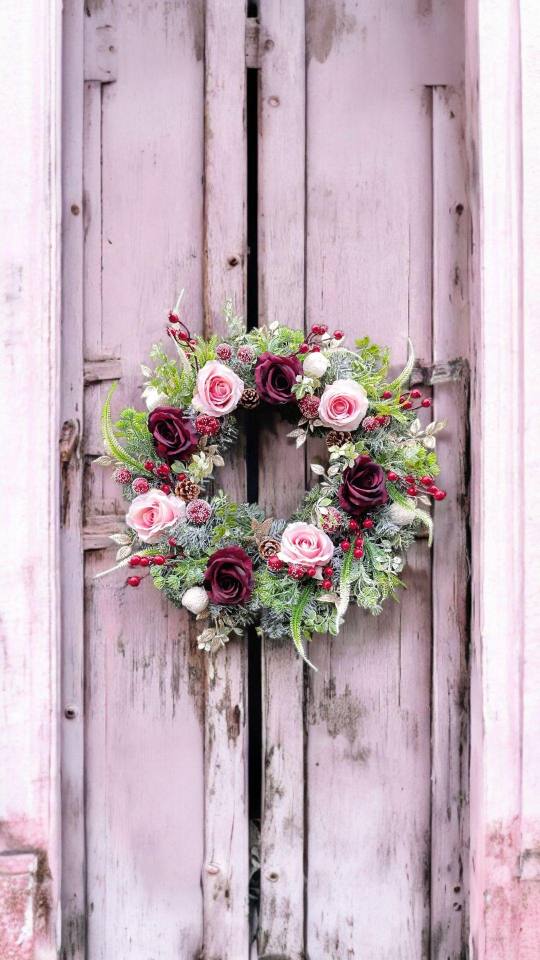 Handmade Frosted Winter Wreath 50cm – Burgundy and Gold Door Wreath | Luxury Christmas and Autumn Decoration
