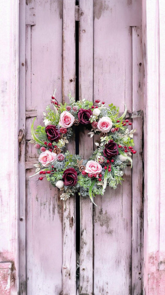 Handmade Frosted Winter Wreath 50cm – Burgundy and Gold Door Wreath | Luxury Christmas and Autumn Decoration