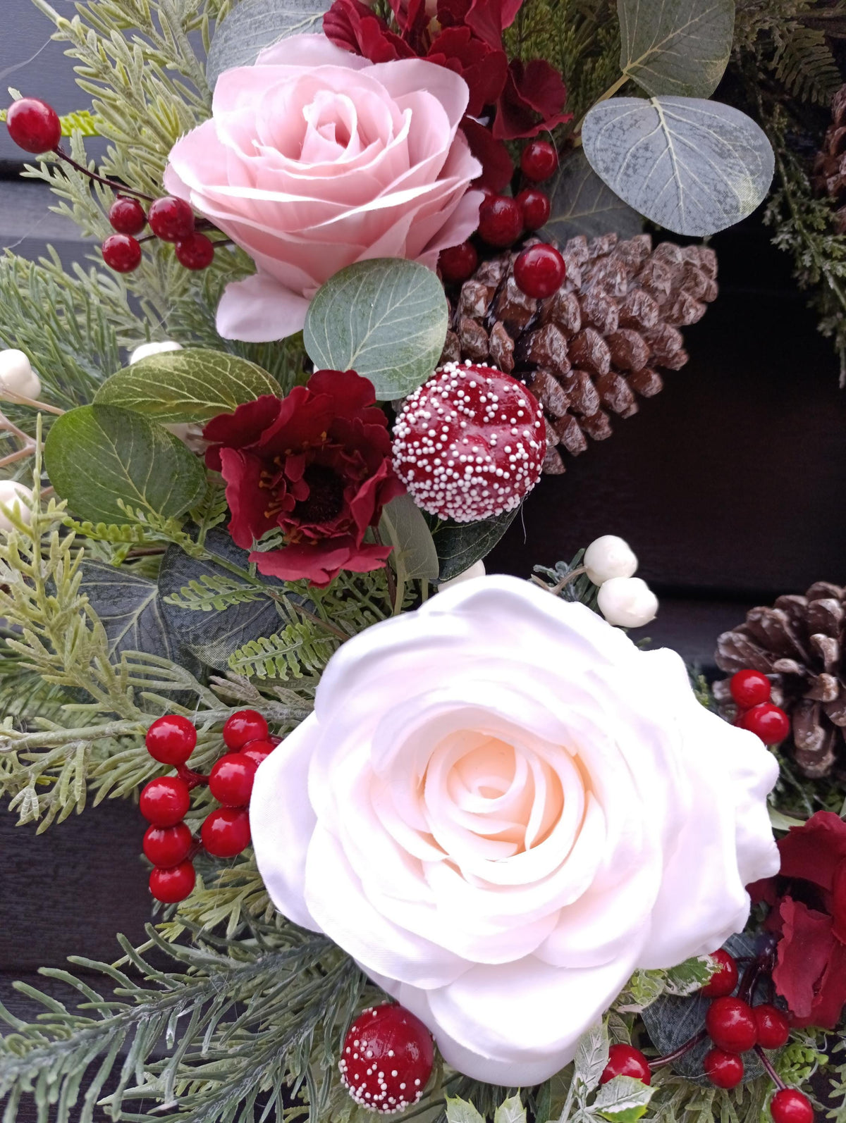 Pink & Burgundy Rose Wreath - Winter wreath with realistic textured greenery