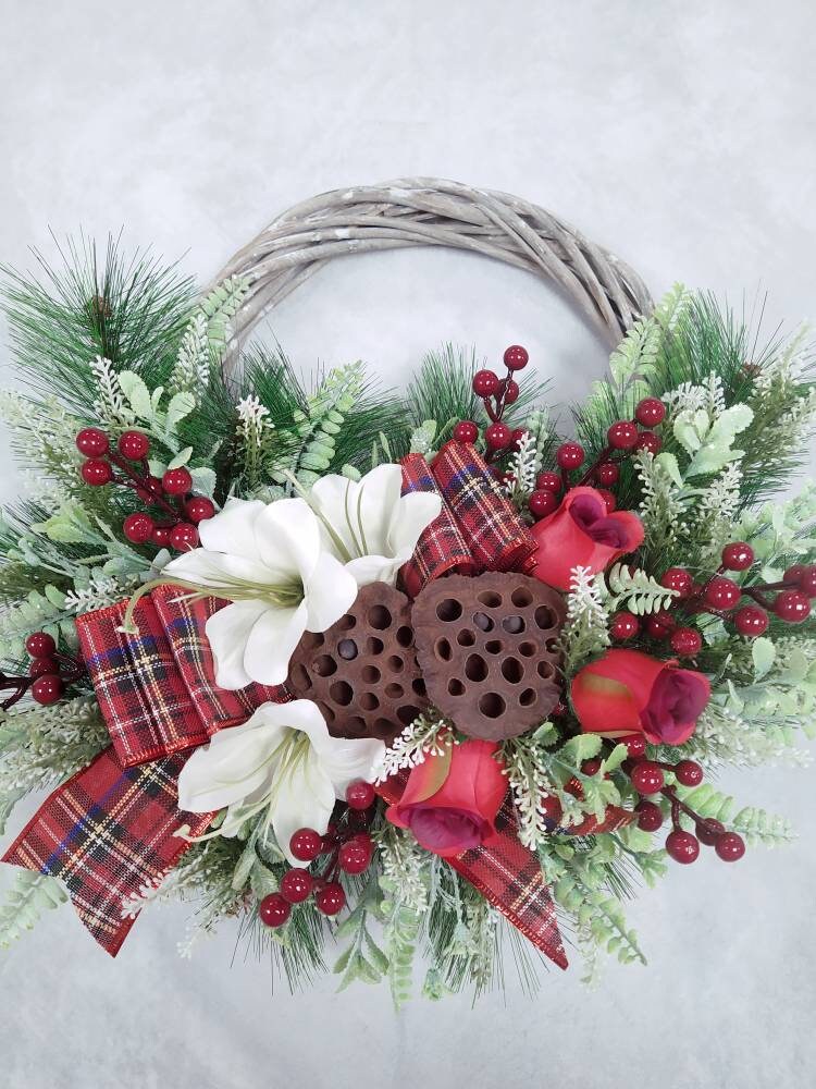 Christmas Door Wreath, traditional style with flowers