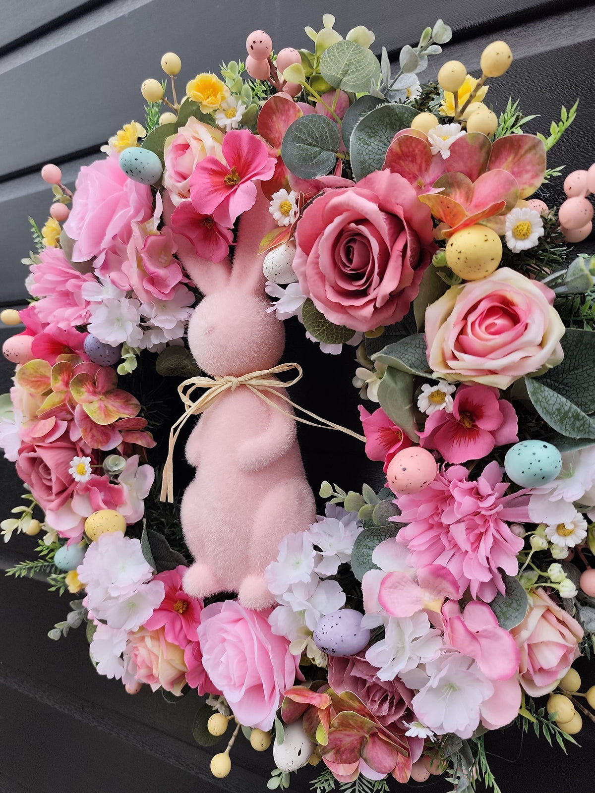 Luxury Easter Bunny Front Door Wreath, 50cm Pink and Cream Spring Floral Decor, Handmade and weather protected