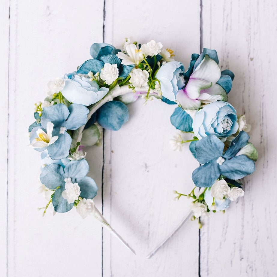 Child's Dusty Blue and Teal Flower Headband - Whimsical Vintage Style Floral Crown