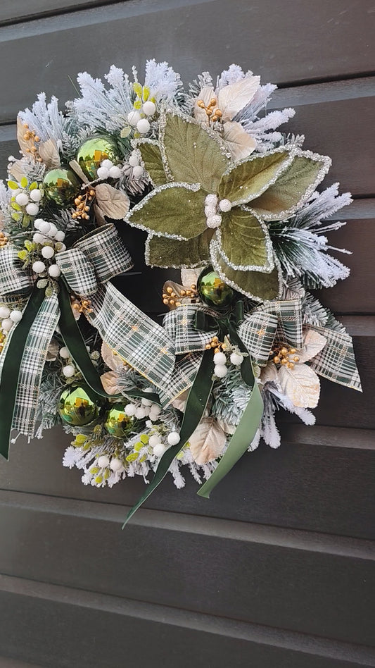 Frosted Christmas Wreath with Plaid Ribbons and Green Velvet Poinsettia