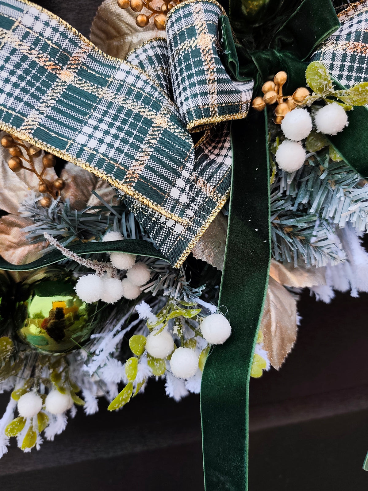 Frosted Christmas Wreath with Plaid Ribbons and Green Velvet Poinsettia