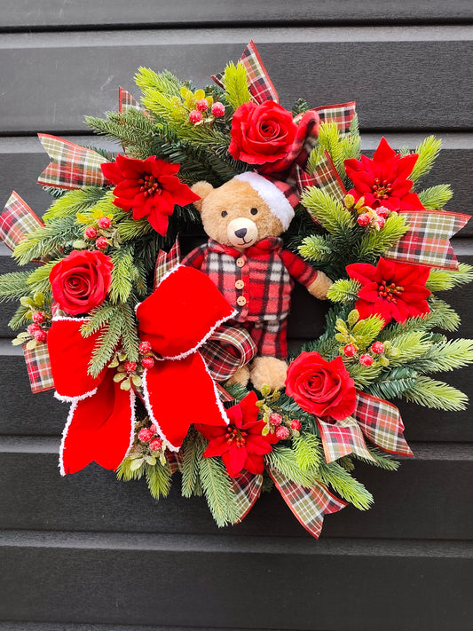 Tartan Teddy Bear Traditional Christmas Wreath