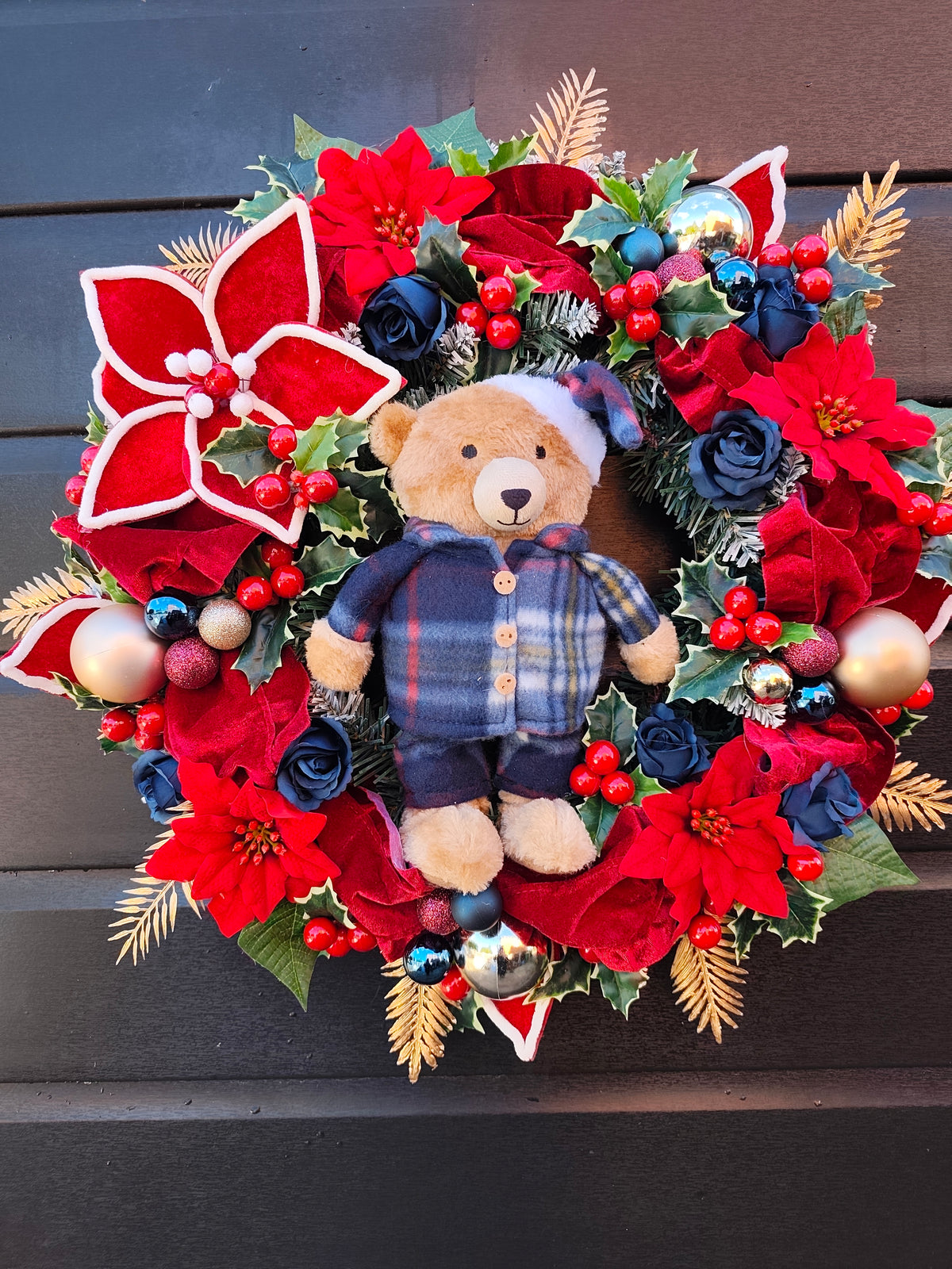 Blue Teddy Christmas Wreath