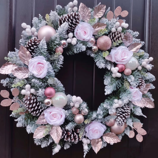 Pink, Flocked, Floral Christmas Wreath (50cm or 60cm) in a choice of Blush Pink, Dusty Pink or Baby Pink