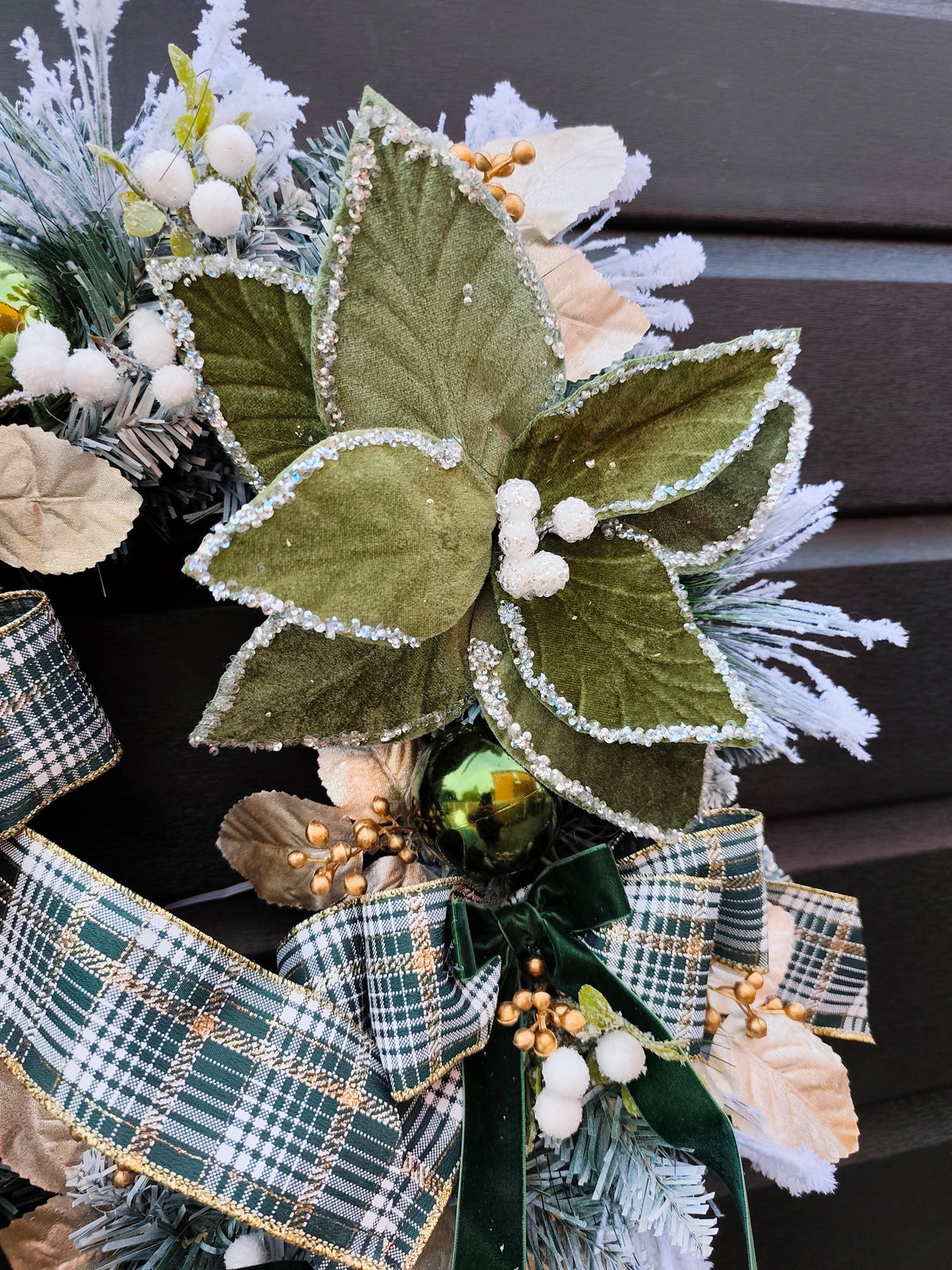 Frosted Christmas Wreath with Plaid Ribbons and Green Velvet Poinsettia