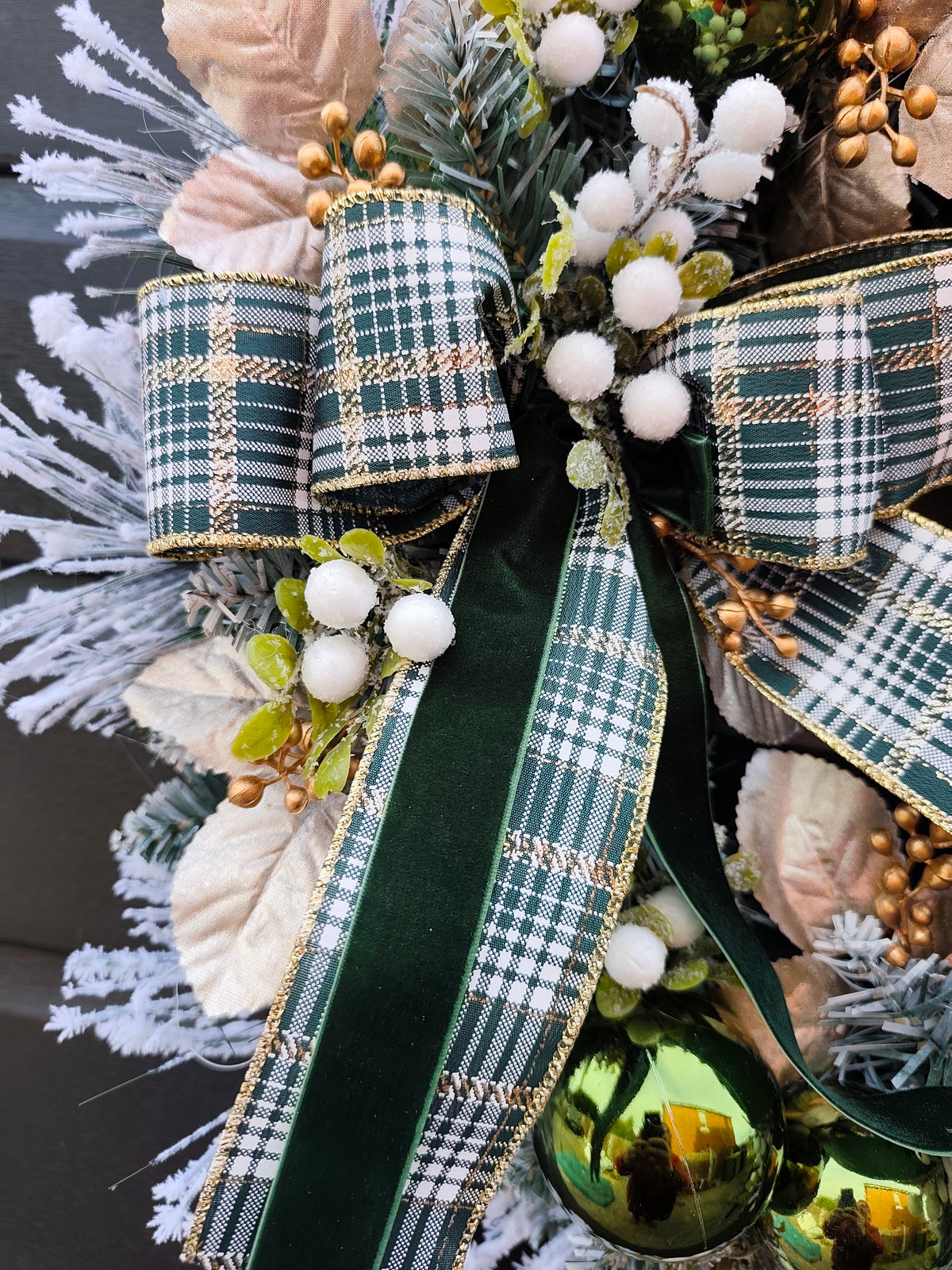 Frosted Christmas Wreath with Plaid Ribbons and Green Velvet Poinsettia