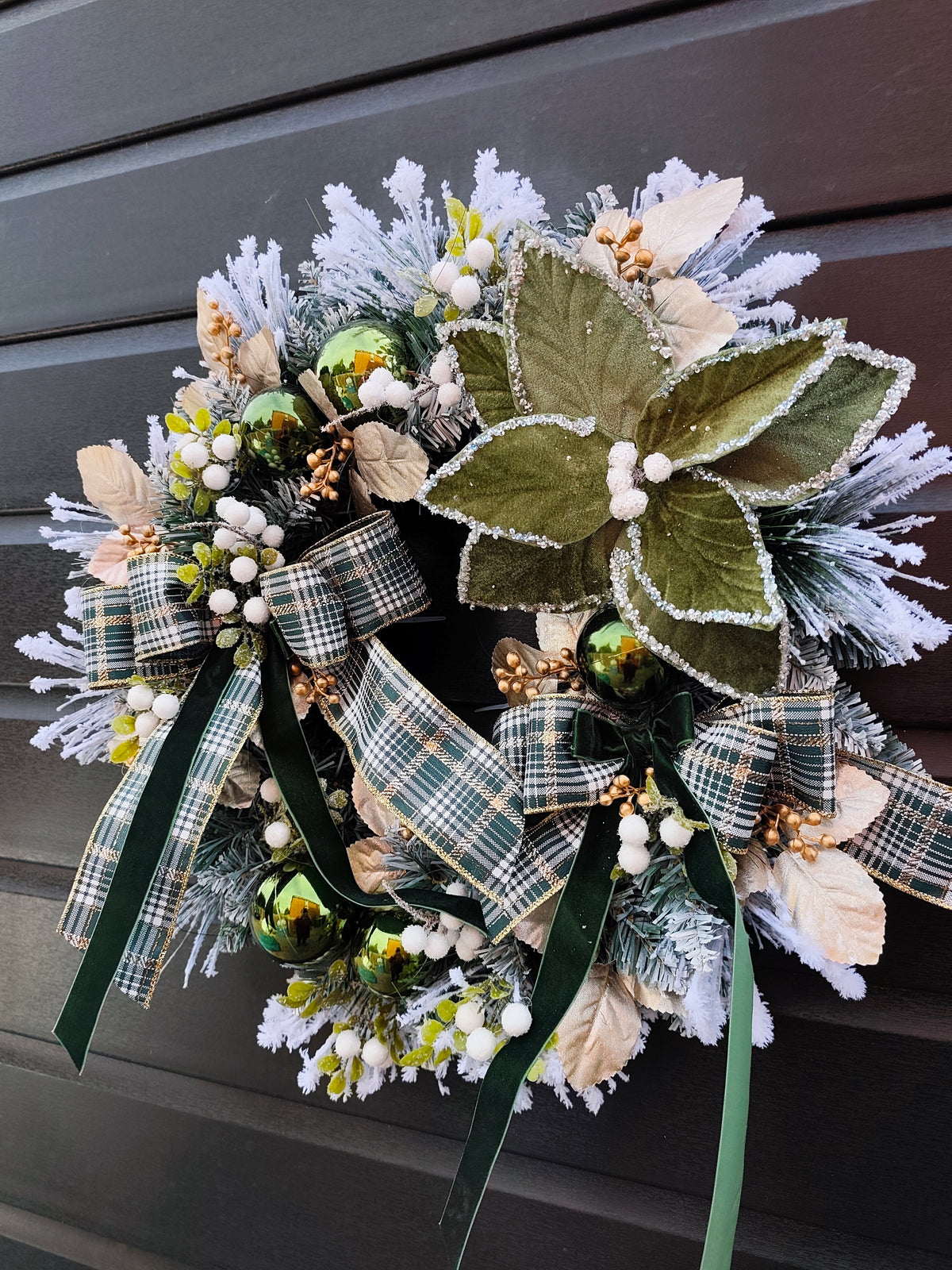 Frosted Christmas Wreath with Plaid Ribbons and Green Velvet Poinsettia