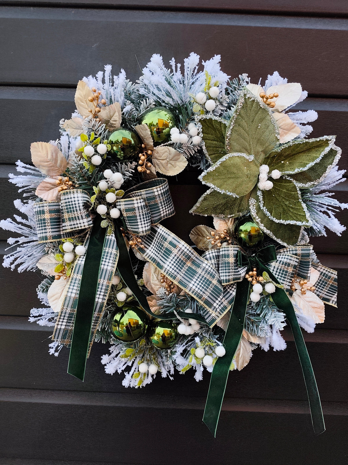 Frosted Christmas Wreath with Plaid Ribbons and Green Velvet Poinsettia