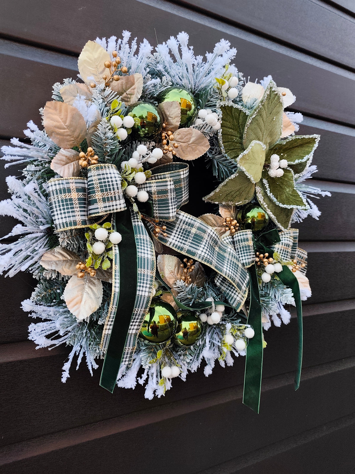 Frosted Christmas Wreath with Plaid Ribbons and Green Velvet Poinsettia